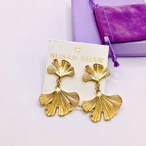 Susan Shaw Gold Ginkgo Leaf Double Drop Earrings